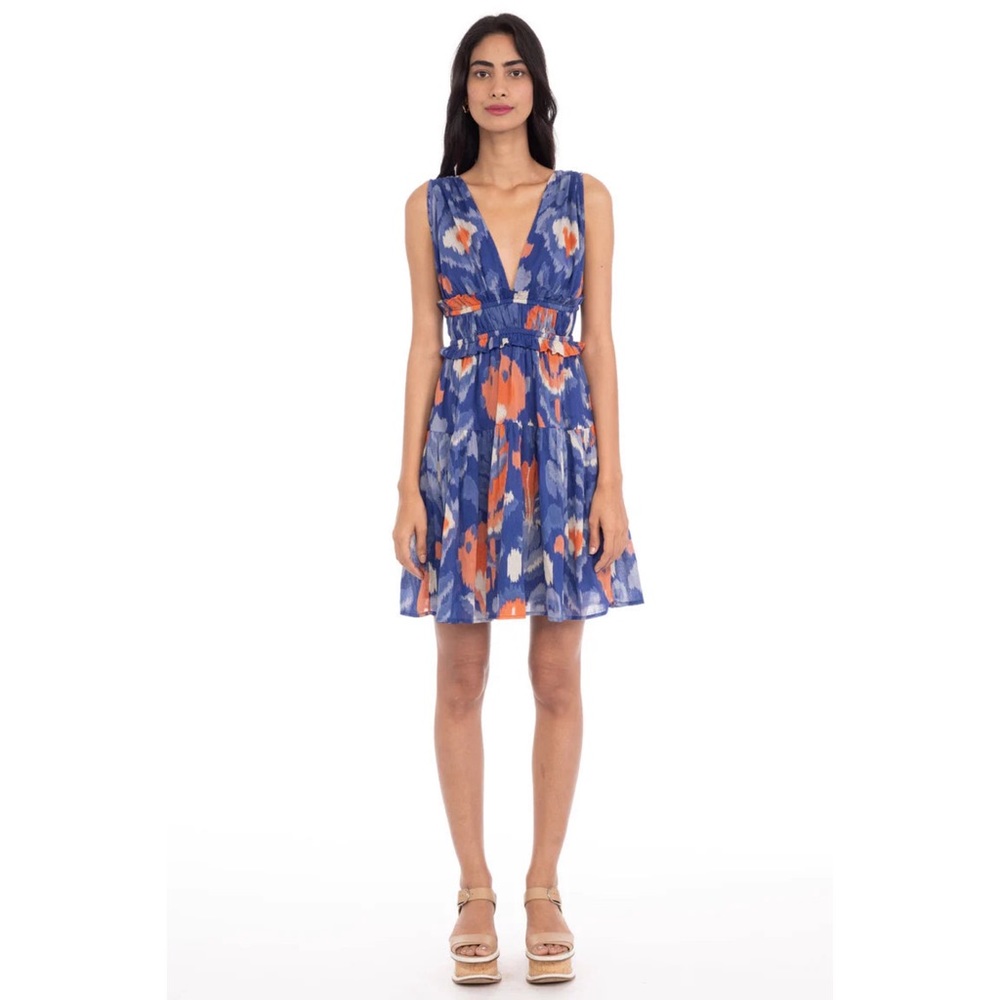 Banjanan Victoria Soladite Blue Ikat Print Plunge V-Neck Sleeveless Mini Dress M